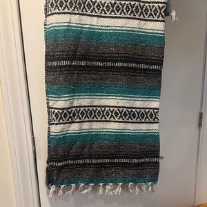Teal Black White Woven Fringe Blanket